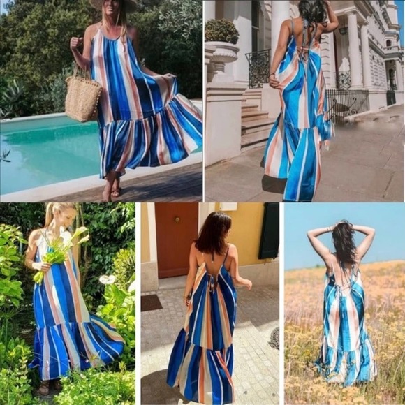 LEMLEM X H&M Blue and Pink Satin Ruffled Stripe Maxi Dress Size M - Picture 3 of 16
